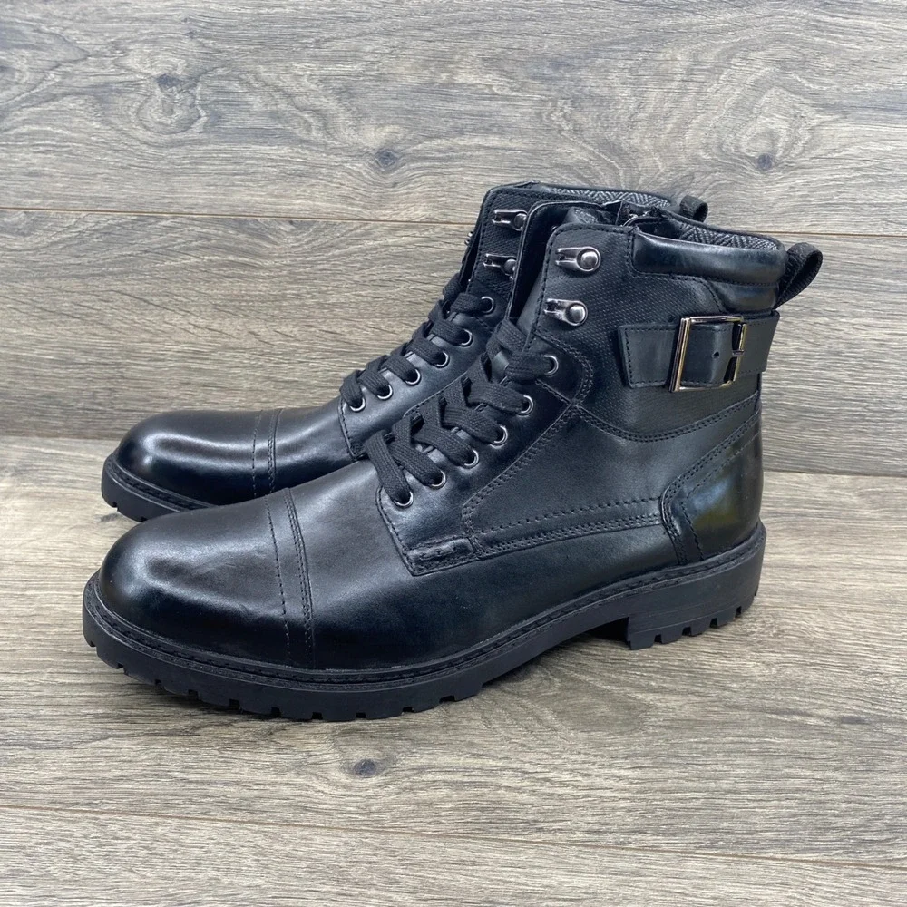 Steve Madden Snyder Combat Boot Mens Size 12 Black Leather Lace Up Side Zip Lug